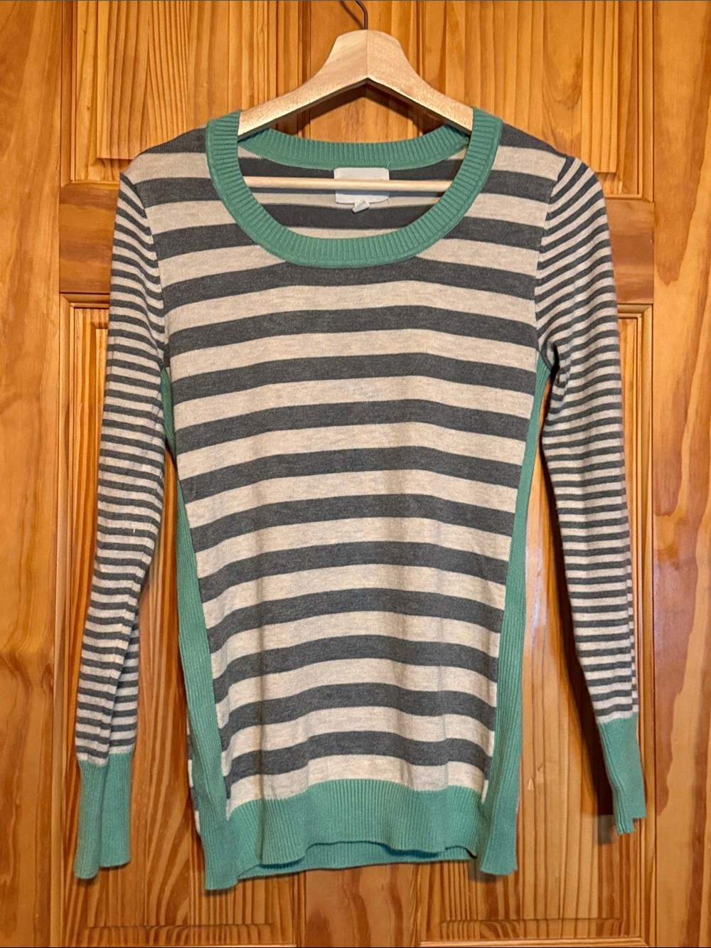 Olive & Oak Gray and Cream Striped Crewneck with Mint Trim